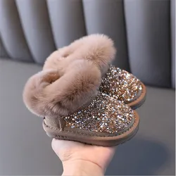 Bottes de neige avec strass pour enfants, chaussures chaudes en peluche avec fermeture éclair à la cheville de princesse pour petites filles, nouvelle collection hiver 