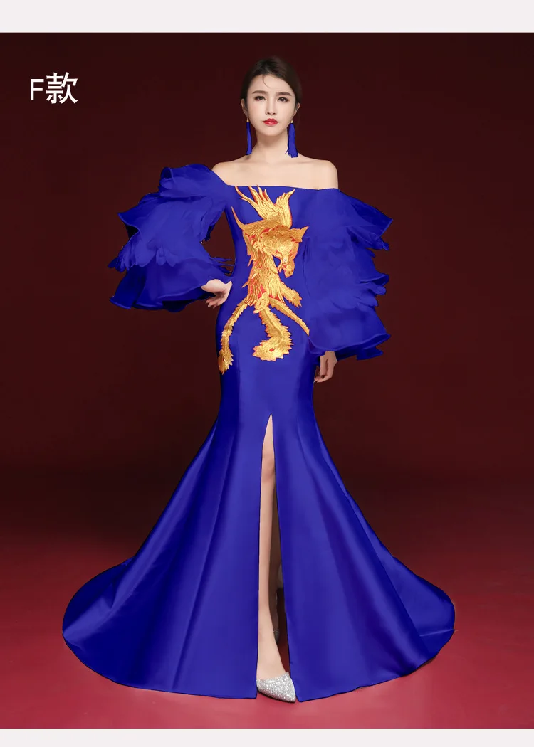 Современный длинный шлейф Cheongsam сексуальный русалка китайский вечерние платья синий вышитый Qipao невесты Восточный свадебное платье