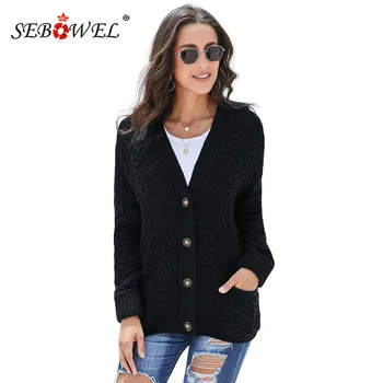 

SEBOWEL Woman Knitted Hooded Cardigans Sweater Jumper Button Female Loose Long Sleeve Knit Sweaters Coat Pockets Autumn Spring