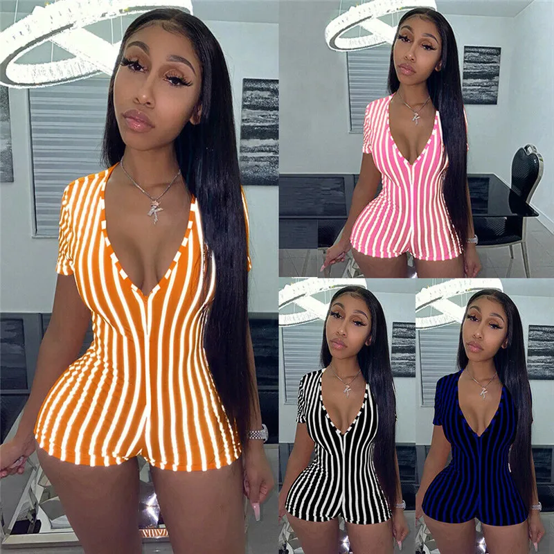 2020 Sexy Women Deep V neck Bodycon Jumpsuit Romper Sleepwear Short Sleeve Striped Summer Jumpsuit Short Romper Bodysuit Leotard