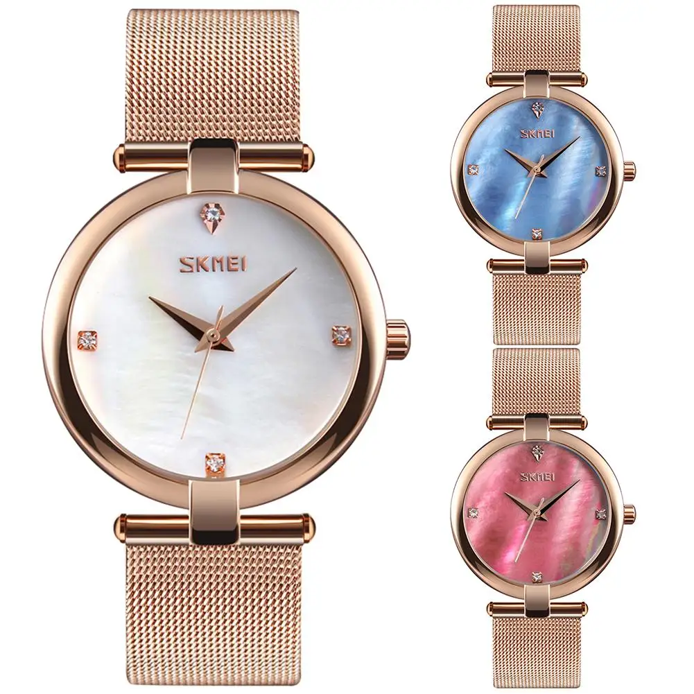 

SKMEI Waterproof Women Rhinestone Inlay Shell Surface Big Round Dial Wrist Watch Fashion Simple Casual Quartz Wrist Watch Gift