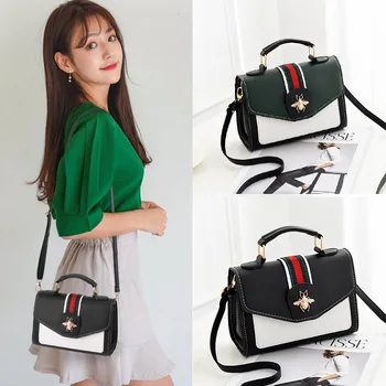 

Women's Fashion Handbag Stripe Korean Version Classic Metal Galaxian PU Square Bee Bag Lady's Shoulder/Crossbody Bag