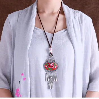 

ETHNIC STYLE VINTAGE EMBROIDERY PEONY FLOWER LONG NECKLACE NYMITE SILVER WOMEN'S PENDANT PUSHEEN BIJUTERIA WHOLESALE