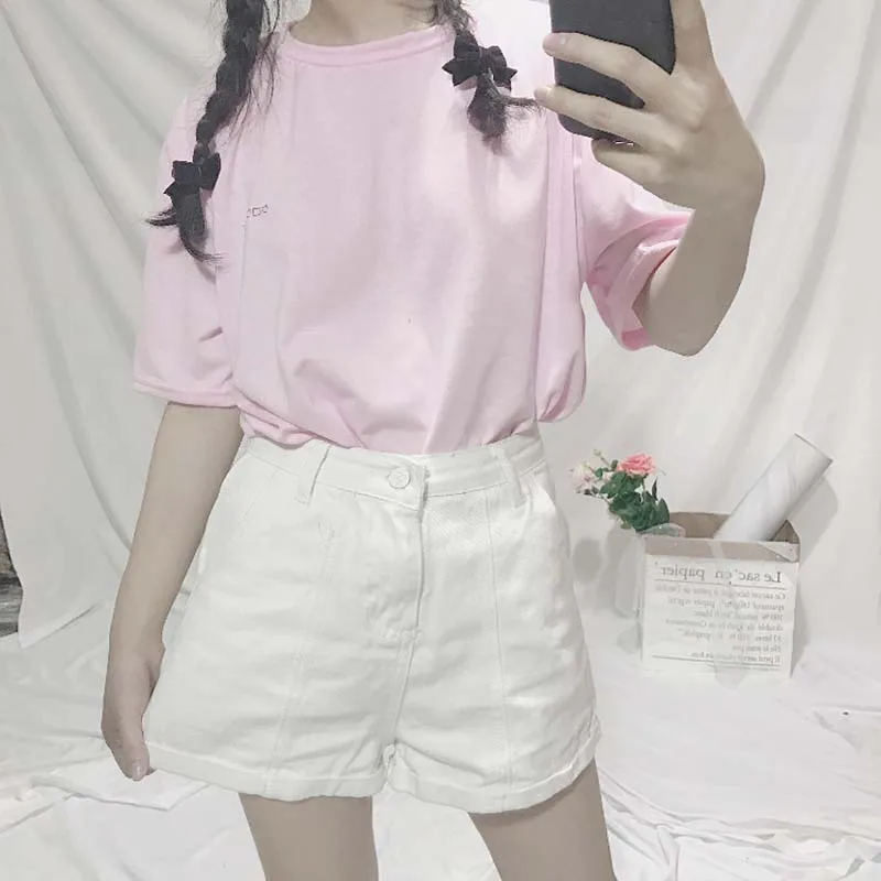 Woherb 2020 летняя Harajuku футболка Женская свободная 100% хлопок топы с принтом Сакура