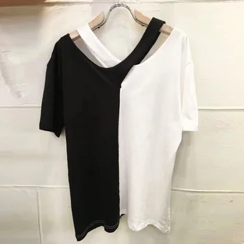 

South Korea 2020 Spring and Summer Office Lady T-Shirts Fashion Cross Contrast Color V-neck T-shirt Women's Loose-Fit T-Shirts