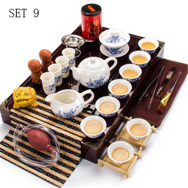 SET 9 Отличный Фиолетовый глиняный чайный набор кунг-фу чайник gaiwan заварочный чахай деревянный бамбуковый поднос китайский чайный церемониальный набор - Цвет: SET 9