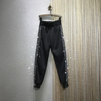 

Rhinestone Pants Women's Plus Thick Velvet Spring and Winter New European Goods Elastic-Waist Loose Harem Side Stripe Pants