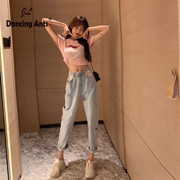 

Woman Jeans High Waist Loose Casual Harem Pants Korean Style Light Blue Hole Pockets Female Ankle-length Pants 2020 Fashion