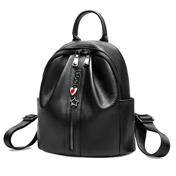

100% Genuine Cowhide Lady Backpack Top Leather Backpack Travel Book Shopping Bag Black Schoolbag