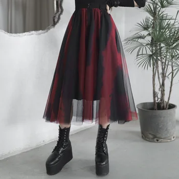 

PUNKRAVE Women's Punk Dark Red and Black Gradient Half Skirt Gothic Personality Big Sun Swing Mesh Long Skirt