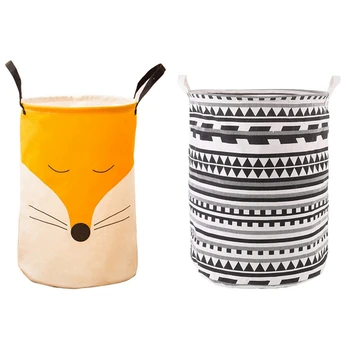

2 Pcs Folding Laundry Storage Basket Kids Toys Barrel Cartoon Storage Bucket-Black + White & Yellow