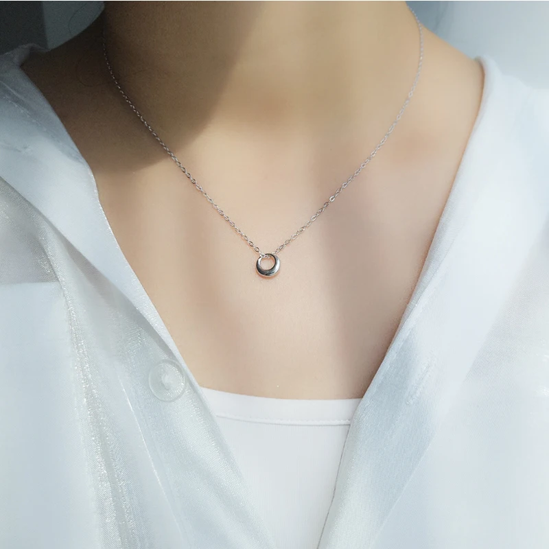 925 Sterling Silver Shiny Smooth Circle Choker Necklace Round Shape Pendant Wedding Gift Present Fine Jewelry NK095 pendant necklace silver necklace silver pendant silver necklace charms