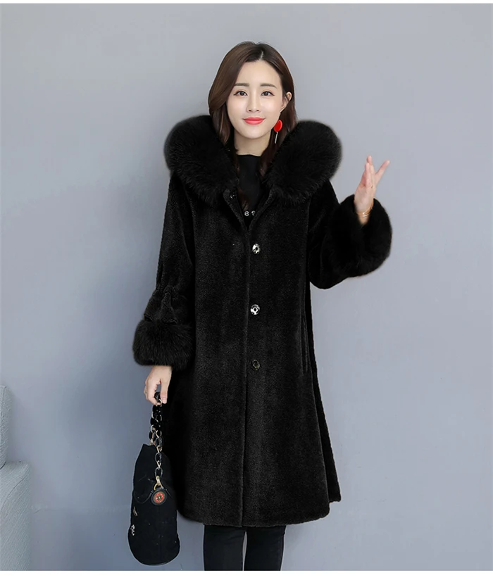 HANZANGL зимнее шерстяное пальто женское пальто из искусственного меха 9/10 рукав лисий мех с капюшоном теплая кашемировая куртка пальто плюс размер S-3XL