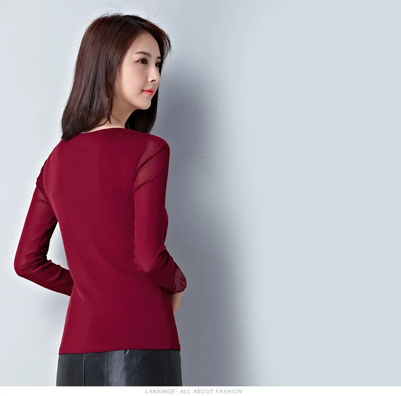 Женские топы, сорочка, Femme Blusas Femininas, блузки, женская рубашка, черная, с круглым вырезом, с длинным рукавом, кружевная Элегантная блузка размера плюс 4XL