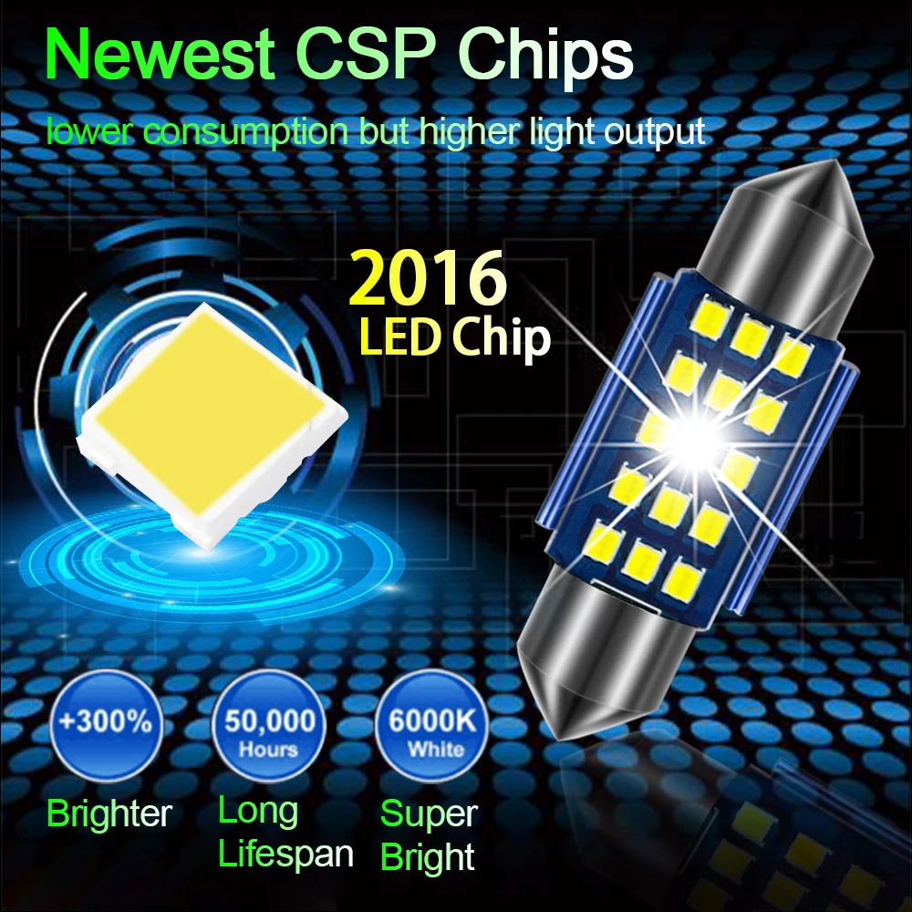 100 шт. гирлянда C5W 31/36/39/41 мм 2016SMD светодиодный Canbus автомобильные лампы для чтения купол номерной знак двери фокус светильник лампы для передних автомобильных белый 12V