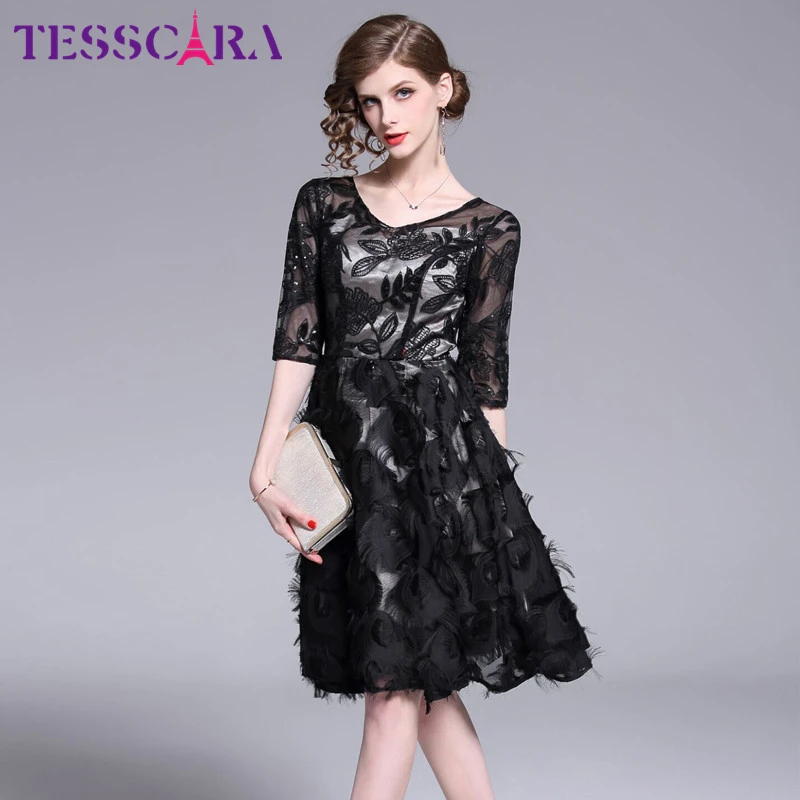 

TESSCARA Women Luxury Embroidery Mesh Dress Festa Female High Quality Office Party Robe Femme V-Neck Designer Black Vestidos