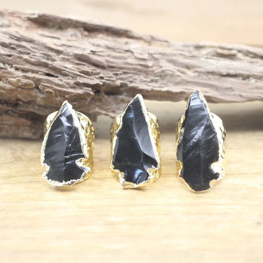 Rough Obsidian Arrow Rings Raw Black Stone Gems Resizable Band Ring Wedding Party Women Finger Ring Jewelry Dropshipping,QC4130
