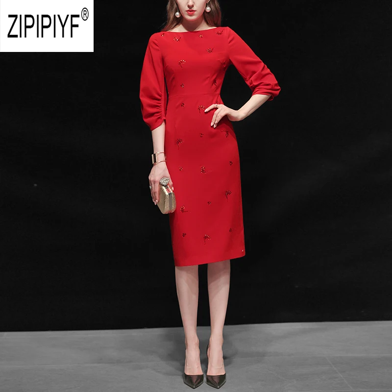 

Noble Fashion 2019 Autumn Women Dresses Boat Neck Three Quarter Sleeve Beading Mid Waist Dresses Sexy Bodycon Office Dress Z2401