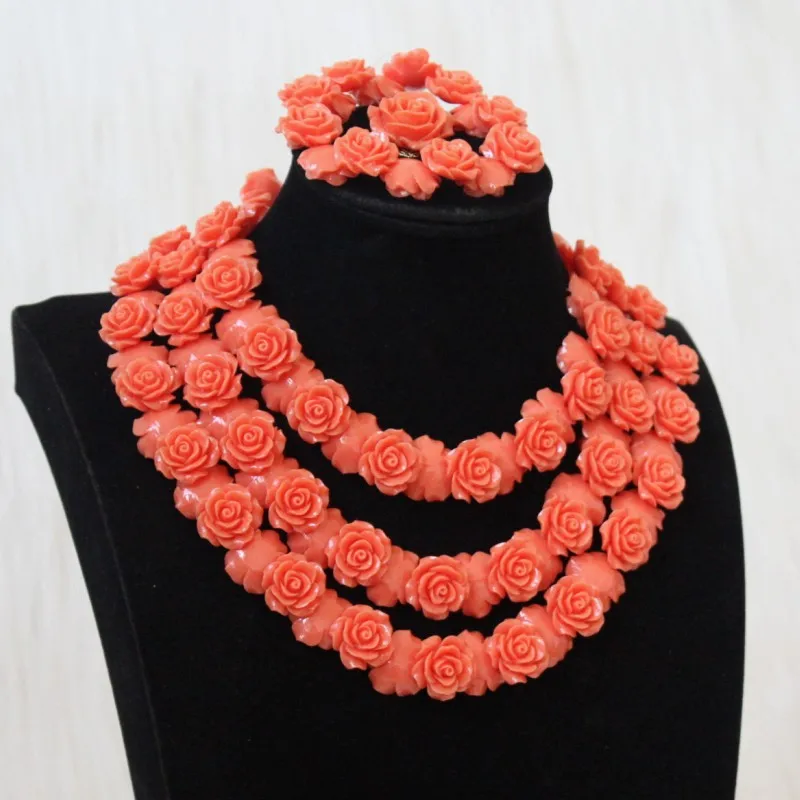 Dudo Store Original Orange Coral Flowers Women Jewelry Set Quality Nigeria Party Necklace 3 Layers With Bracelet and Earring | Украшения и