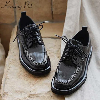 

Krazing pot fashion British style genuine leather casual shoes square toe med heels lace up women comfortable basic pumps L05