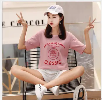 

New Red letters printed cotton casual fashion shirt ladies ladies summer pink tops