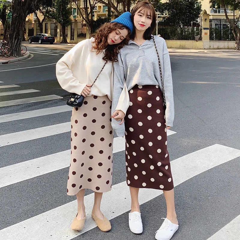 

Korean style retro wave point knit wool skirt women long section split bag hip skirt winter thickening high waist skirt