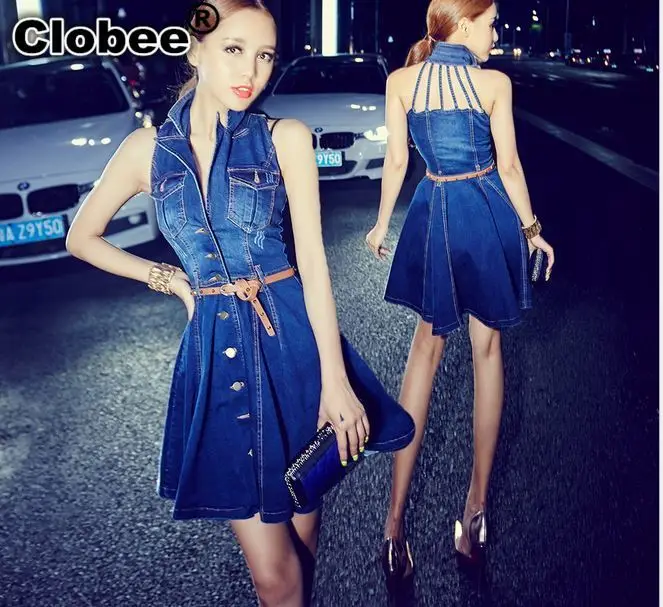 Женское джинсовое платье с открытой спинкой короткое пикантное Ковбойское