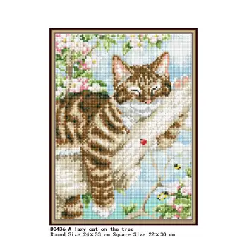 

DIY Full Round drill Square Diamond Painting A lazy cat on the tree Embroidery Picture 5D Diamond Full drilling Home Decoration