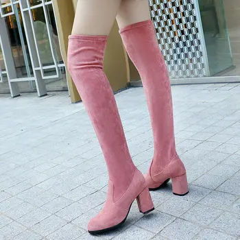 

2020 Faux Suede Women Over The Knee High Boots Square Heel Winter Shoes Round Toe Sexy Stretch Women Boots Size 34-43