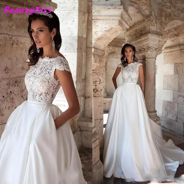 $US $93.50 A-Line Boho Wedding Dress with Pocket Lace Appliques Elegant Princess Bridal Dresses O-Neck Cap Sleeves Satin Wedding Gowns