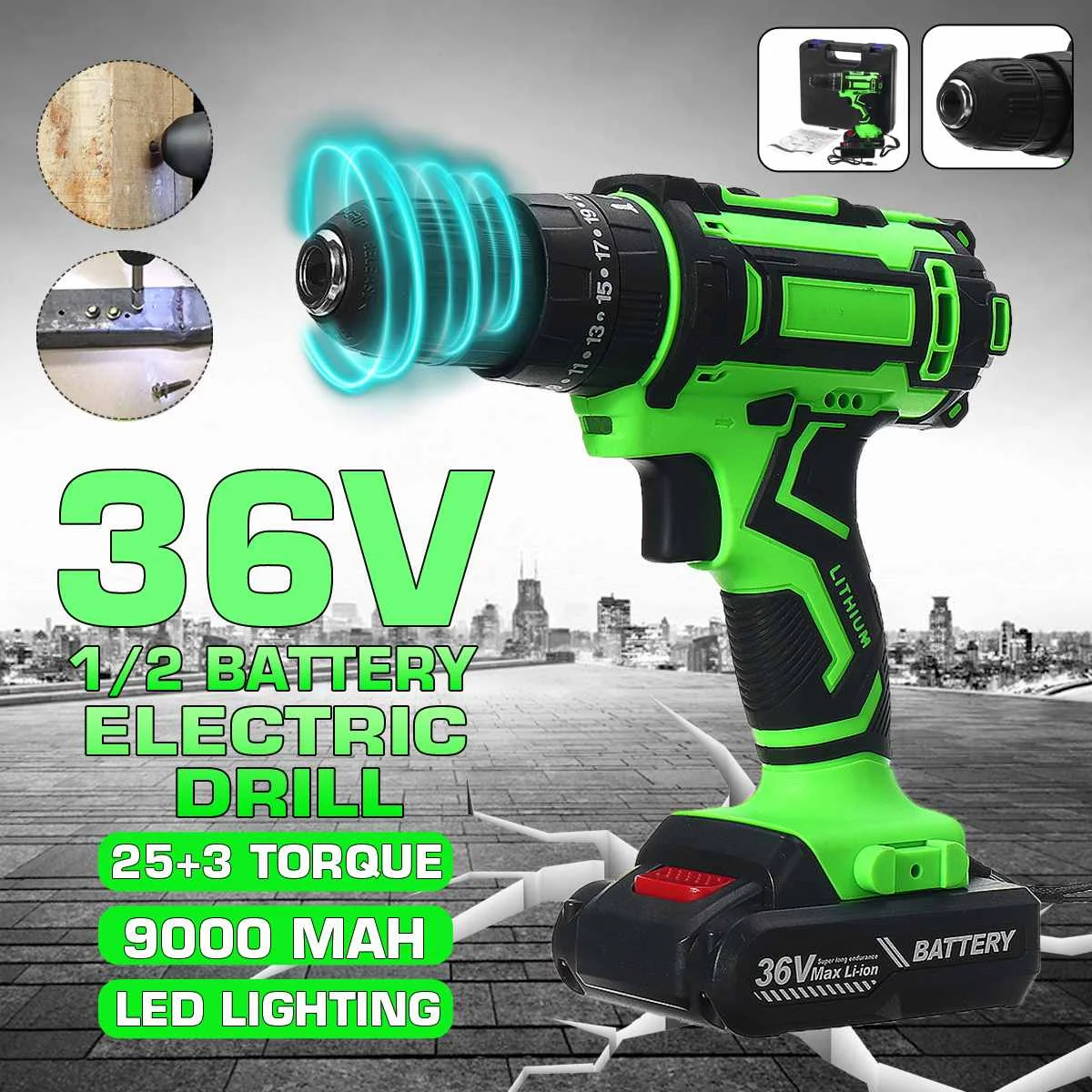 

36V Cordless Electric Screwdriver Drill 25+3 Torque Li-ion Battery LED Working Light DIY Home Hand Flat Drill Power Tools