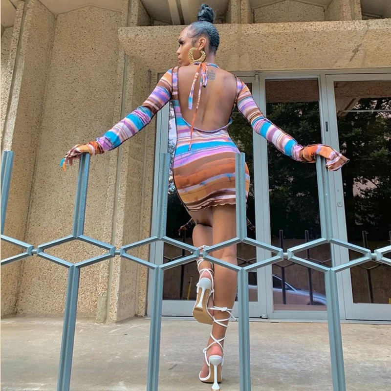 2020 stripe print backless bandage sexy mini dress autumn winter women fashion streetwear outfit club wear