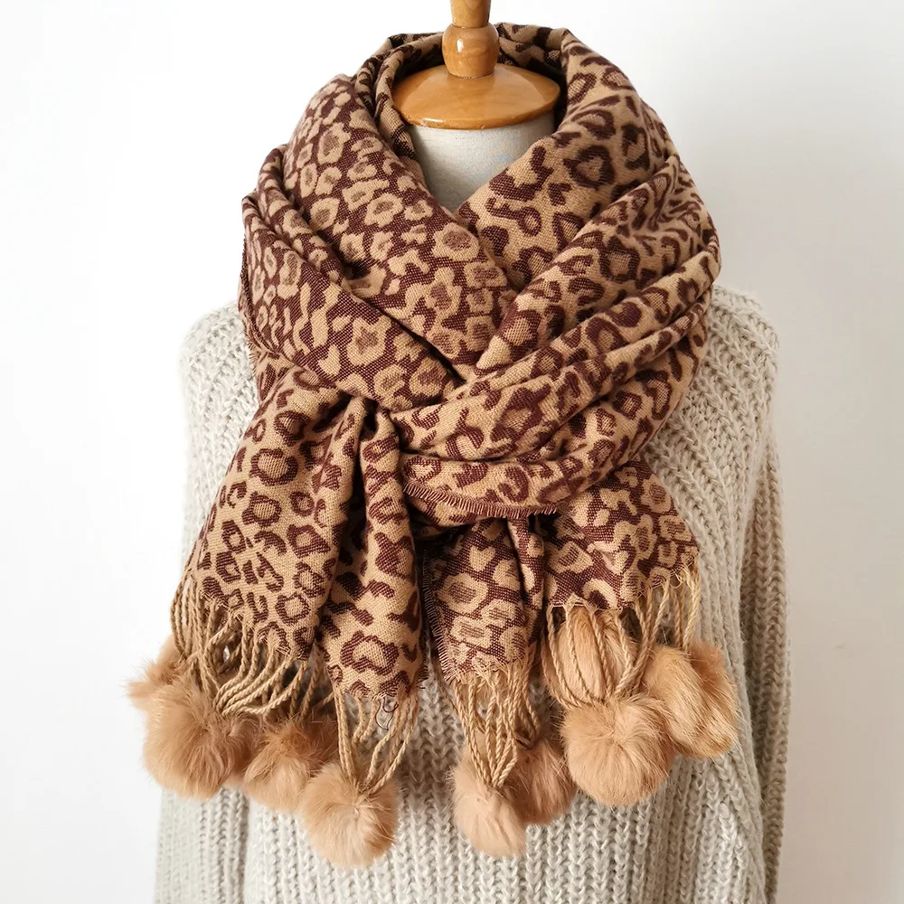 Зимние шарфы, модное толстое теплое одеяло, женский шарф, Кашемировый Шарф, Шаль из пашмины с меховыми шариками