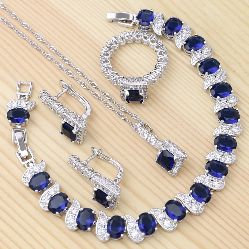 Набор украшений из серебра 925-й пробы синий кубический цирконий белый кристалл для женщин вечерние серьги-гвоздики/кулон/ожерелье/браслет/кольцо
