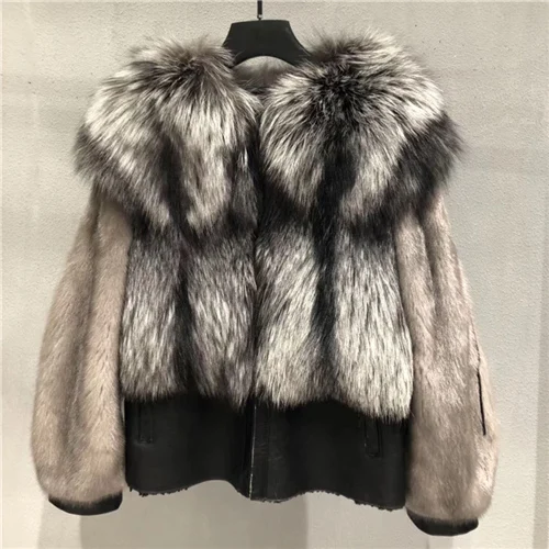 Silver fox fur Натуральное меховое пальто для женщин, Высококачественное натуральное лисьего меха, кожаная куртка, роскошная цельная кожа, мех норки, рукав, шуба из меха серебристой лисы - Цвет: Silver fox fur