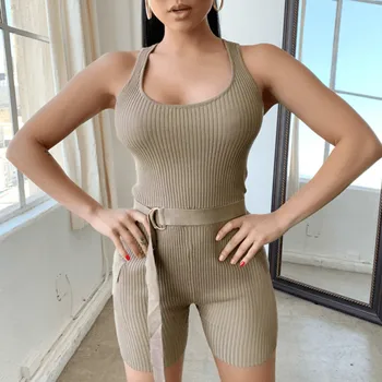 

Women Sleeveless Knitted Deep O neck Tank Jumpsuit Rompers Without Belt Causal Playsuit Bodycon Solid Stretch Jumpsuit