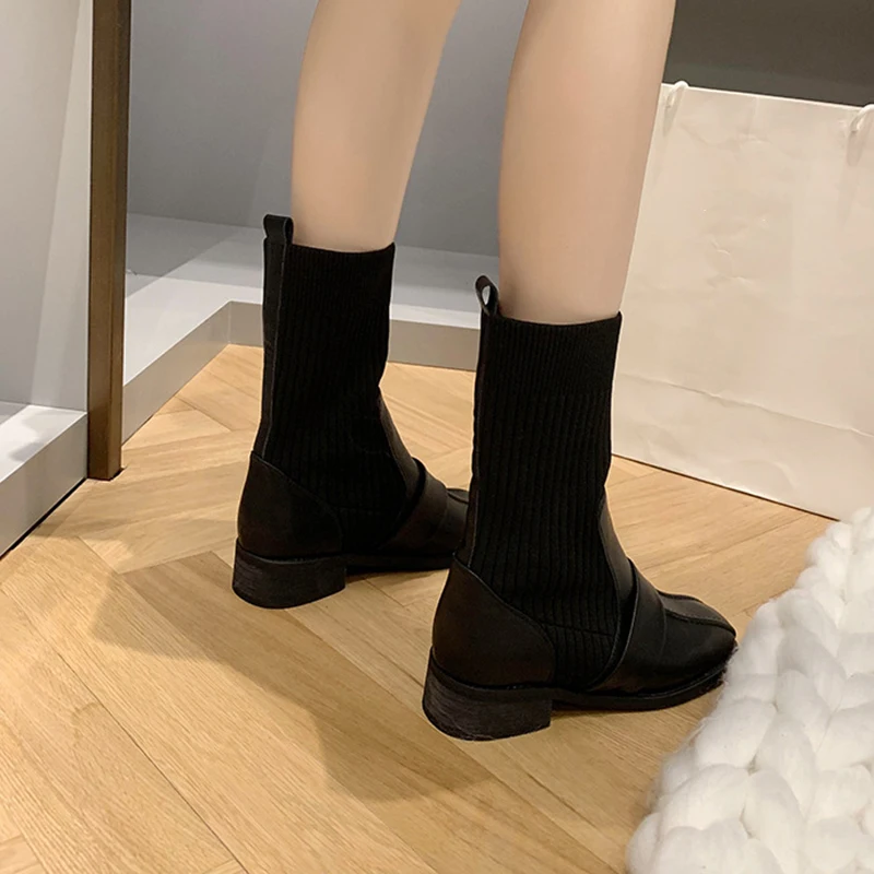 Облегающие черные вязаные сапоги до середины икры; Ботинки martin в Корейском стиле на низком каблуке; эластичные рабочие ботинки без застежки; botas; Женская обувь в стиле пэчворк