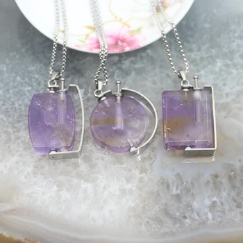 

Natural Stones Amethysts Crystal Perfume Bottle Pendants,Rotatabl Essential Oil Diffuser Vial Charms Silvers chain Jewelry
