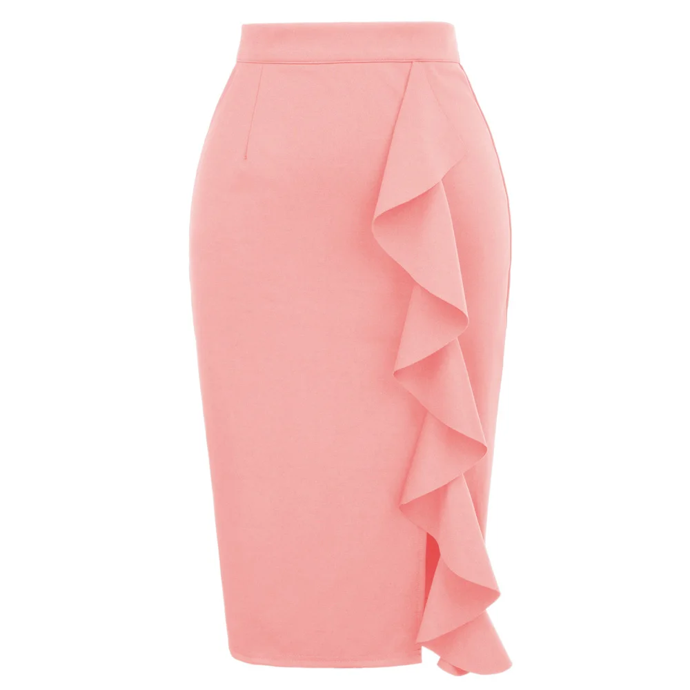 Женская юбка карандаш украшенная большими оборками разрезом спереди и бедрами