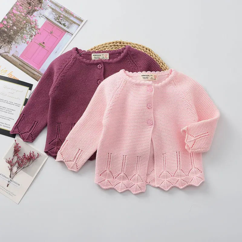 

2019 New Style CHILDREN'S Sweater Cardigan Candy-Colored Girls Pure Cotton Cardigan Hollow out Edge Pure Cotton Coat