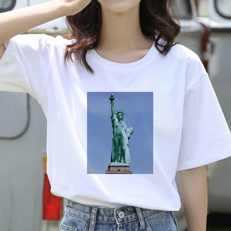 

2020 Summer Women T-shirt Statue of Liberty Printed Tshirts Casual Tops Tee Harajuku 90s Vintage White tshirt Female Clothirt
