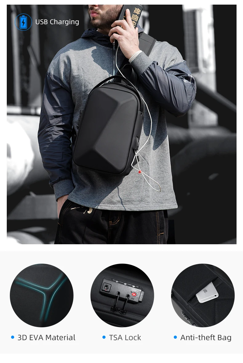 Fenruien Men's Bag Shoulder Bag Multifunction Anti-theft Waterproof Male Crossbody Bag Casual Short Trip Chest Pack USB Charging