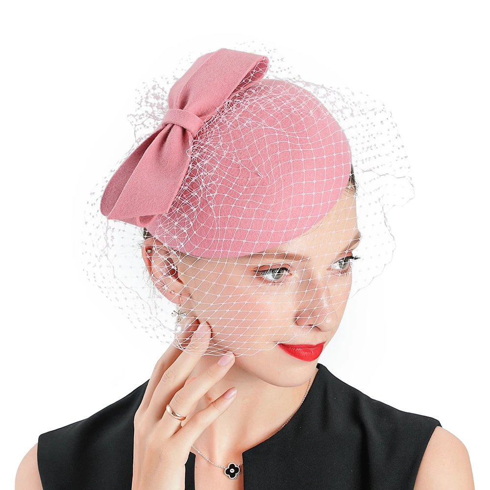 

Fascinators Hats For Woman Wedding Pink Fedoras Cap Church Hats Wool With Veil Pillbox Cap Women's Bow Elegant Winter Fedora Hat