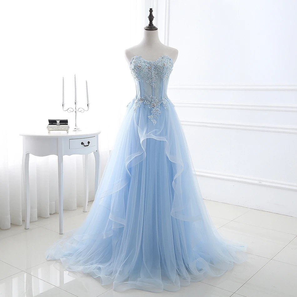 

2019 New Light Blue Prom dresses Sweetheart Neckline Tulle Lace Appliqued Floor Length long Woman Evening party dresses In Stock