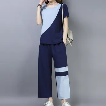 

2020 real shot summer new cotton linen loose leisure suit stitching short-sleeved shirt + 8 points wide leg pants suit