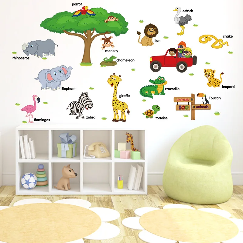 

Funny Zoo Cute Lion Zebra Giraffe Snake Wall Stickers For Kids Rooms Baby Home Decor Cartoon Animals Decals DIY Early Learning