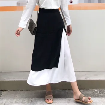 

Korean Women Patchwork Skirt Summer Black Chiffion A Line Midi Skirts 2020 Casual Style Skirts Janpan Fashion Skirts