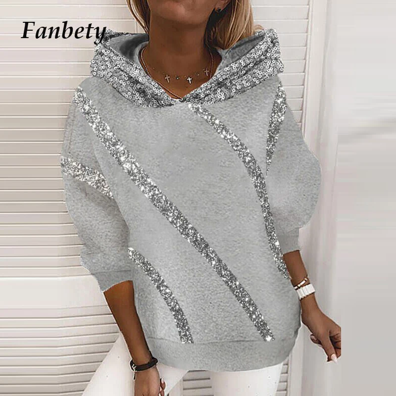Women 2021 Spring Elegant Color Print Sweatershirt Autumn Winter Fashion Sequin Design Hooded Top Casual Long Sleeve Streetwear