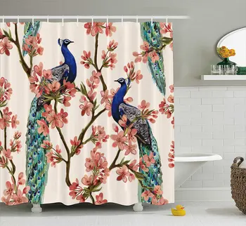 

Shower Curtain with Peacock Tropical Flowers Pattern,Polyester Fabric Waterproof Bath Curtains, 71 by 71 Inches