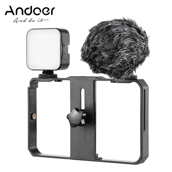 

Andoer Smartphone Video Cage Kit 2*LED Light+Mini Mic+Shock Mount Wind Screen+Phone Video Bracket 3 Cold Shoe for Phone Video